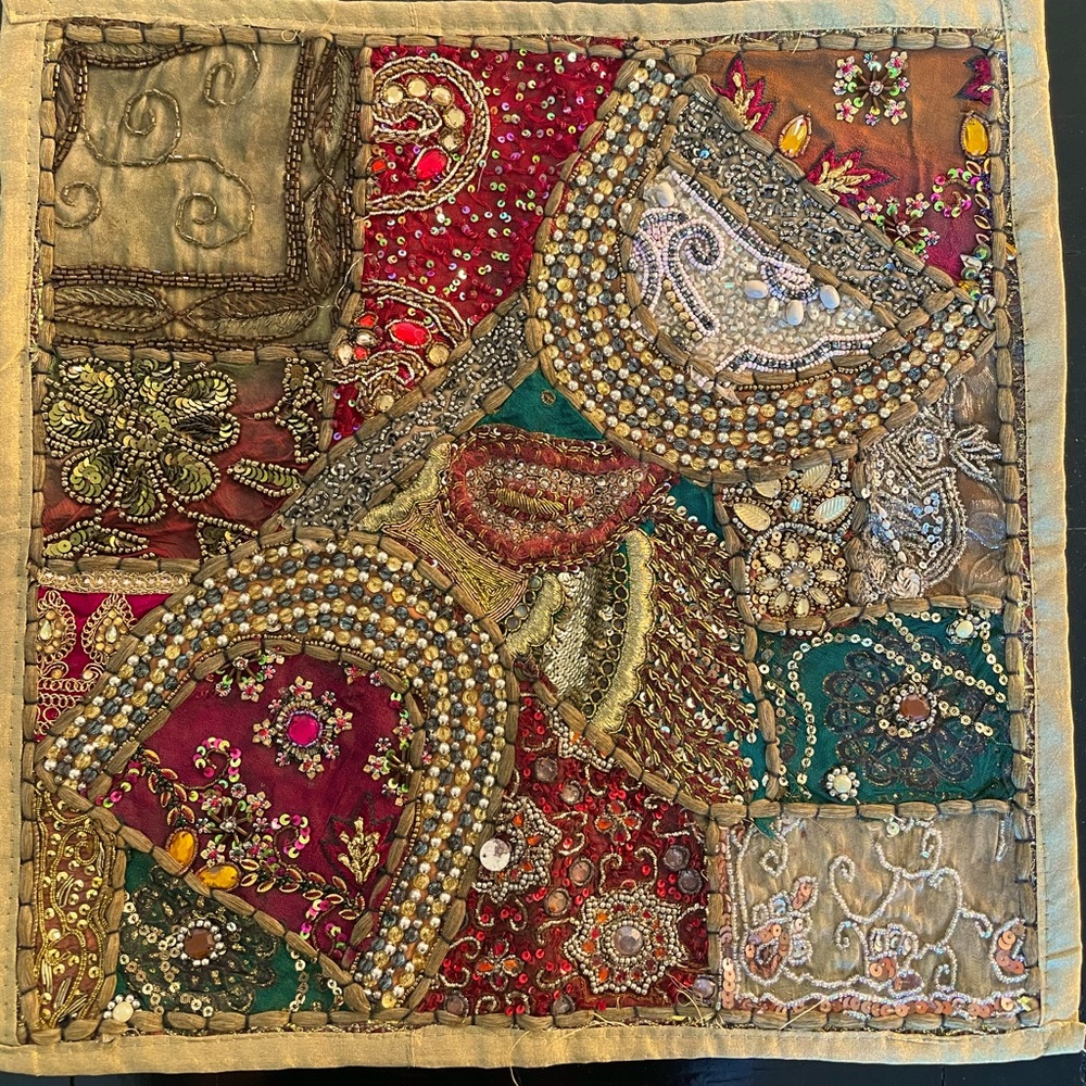 Throw Pillow, Beads Sequins Patchwork Embroidered